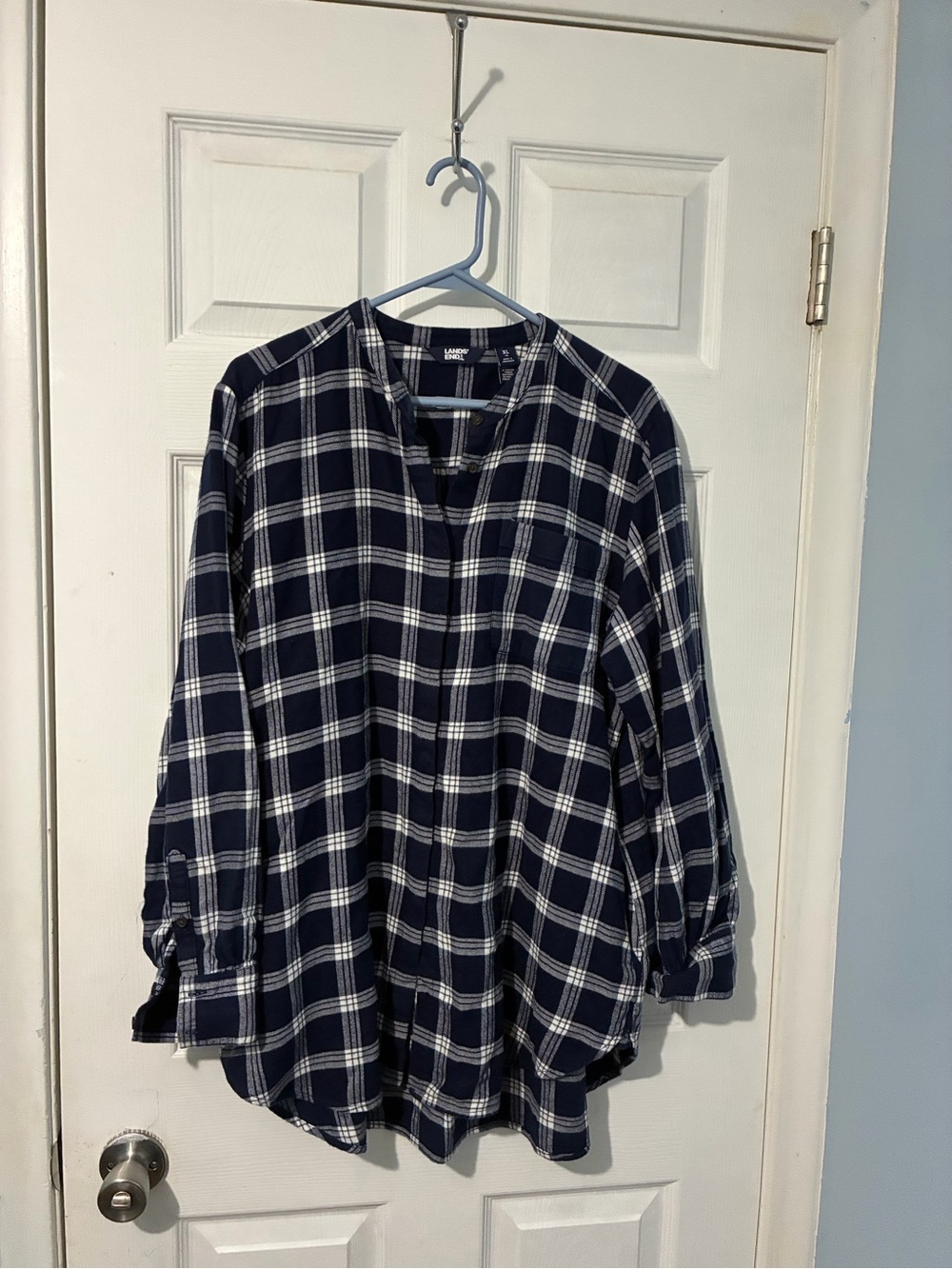 Lands' End Navy and White Plaid Button-Up Shirt